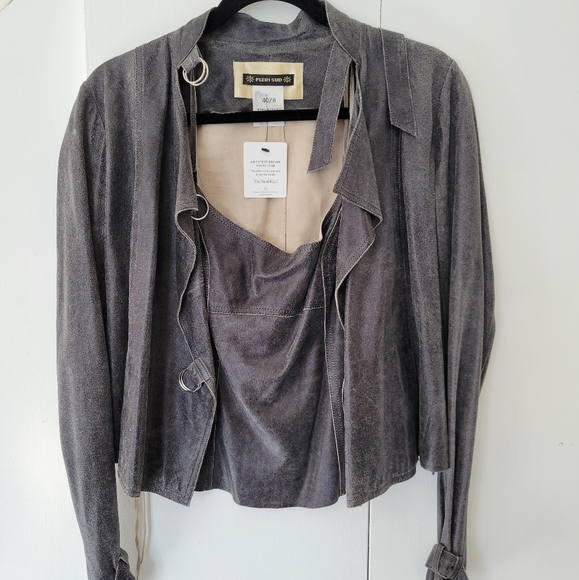 Plein Sud Faycal Amor Black Leather Jacket Top Combo Size 8 Grey Buckle Designer - Picture 2 of 14